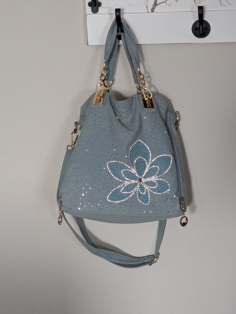 Studded Floral Tote Bag in Light Blue
